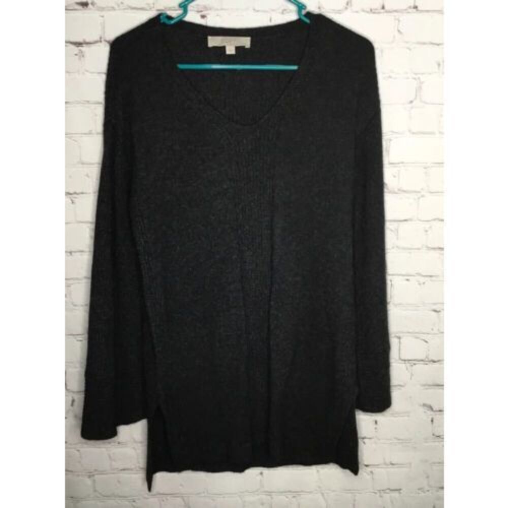 Loft Sweater Women Size Small Black Tunic Long Sleeve Rib Knit V-Neck Pullover